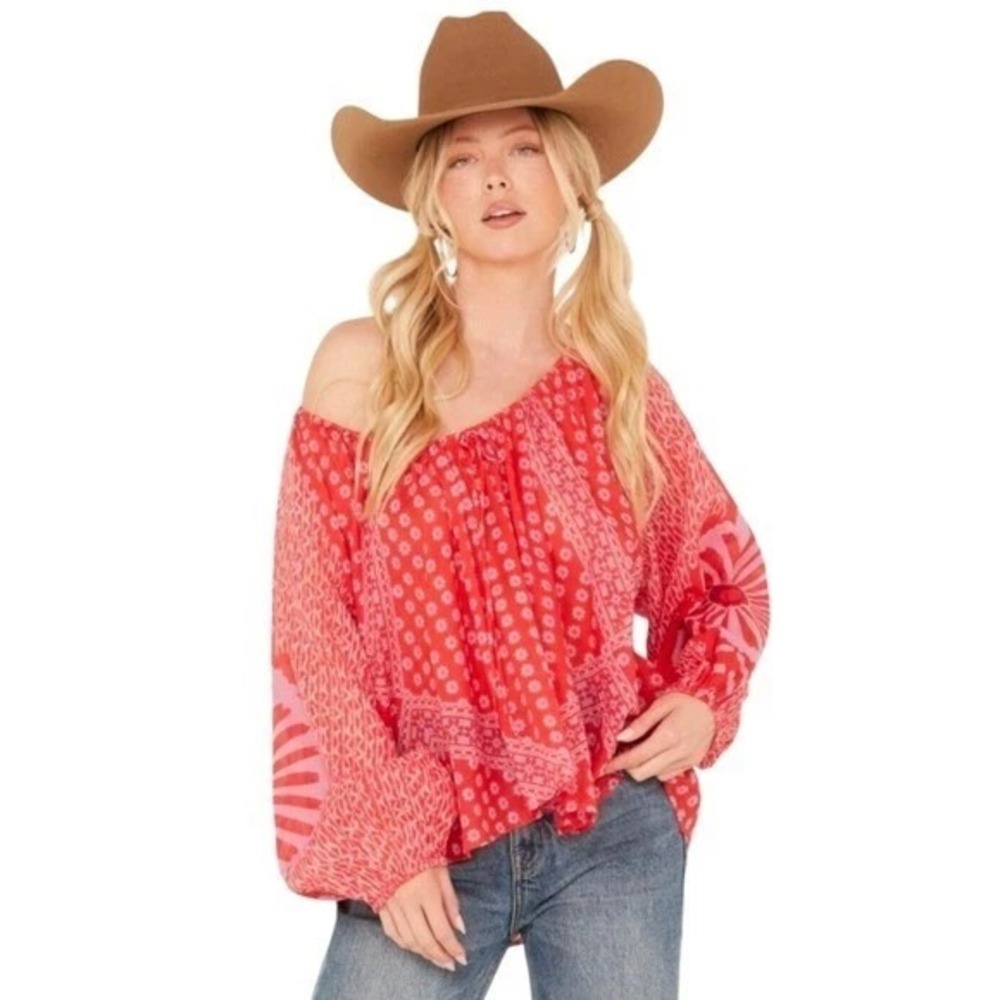 Free People Elena Printed Blouse Top Cotton Floral Red Balloon Sleeves Boho Sz S